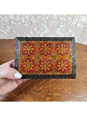 Vintage Polish Pyrography Folk Art Wooden Trinket Jewelry Box Floral 6 Inch